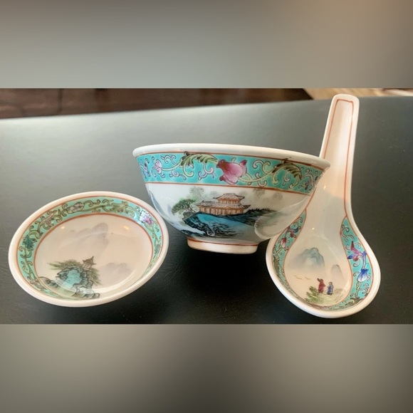 International China Other - VTG Chinese 1960's Factory “D”Jingdezhen Hand Painted 3 Pieces Tea/Coffee/Spoon